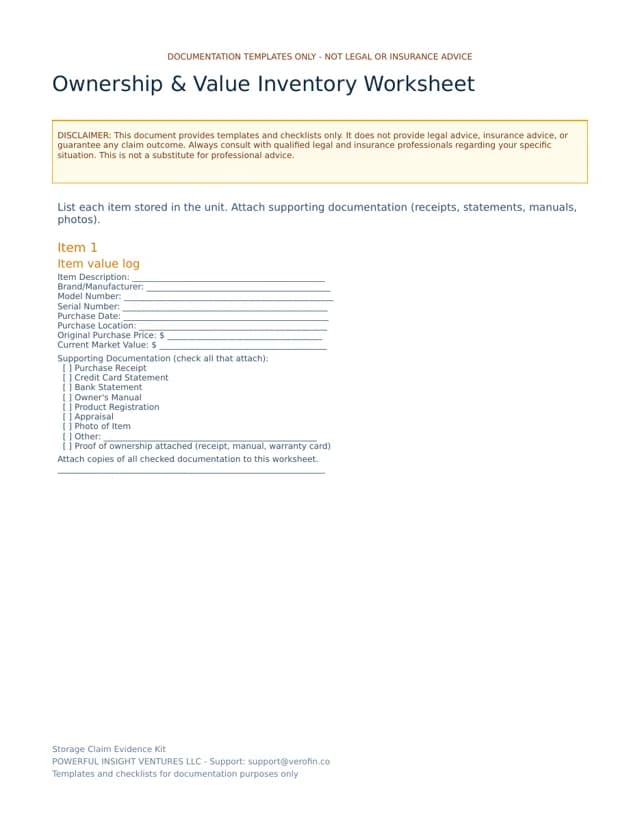 Ownership and value inventory worksheet, page 1